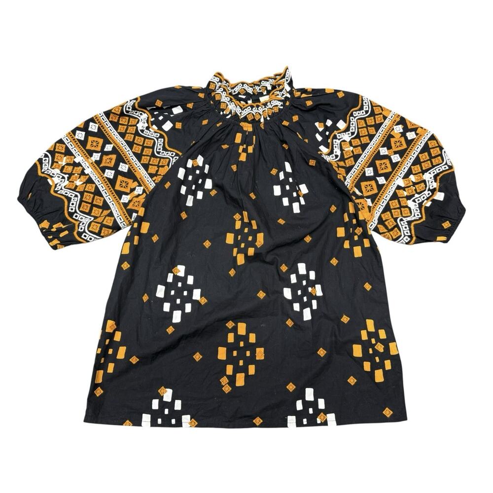 NWT Sezane Patti Blouse 34 XS Black Geometric Print Embroidered Cotton Top - Picture 3 of 6